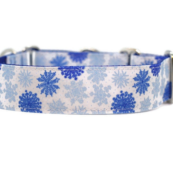 Wide 1 1/2 inch Adjustable Buckle or Martingale Dog Collar in Winter Snow