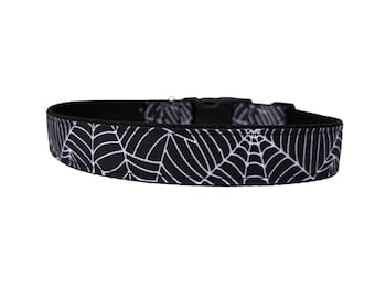 1 Inch Wide Dog Collar with Adjustable Buckle or Martingale in Halloween Spider Web