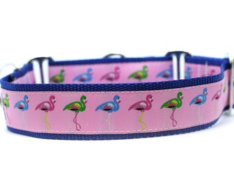 Wide 1 1/2 inch Adjustable Buckle or Martingale Dog Collar in Flamingos