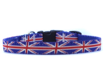 5/8 or 3/4 Inch Wide Dog Collar with Adjustable Buckle or Martingale in Union Jack