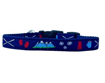 5/8 or 3/4 Inch Wide Dog Collar with Adjustable Buckle or Martingale in Penguins in Winter Lodge