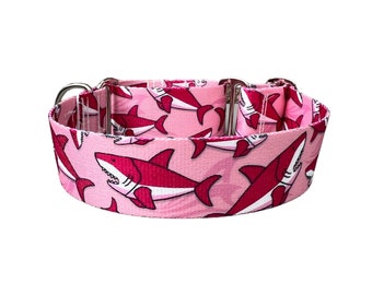 Wide 1 1/2 inch Adjustable Buckle or Martingale Dog Collar in Sharks