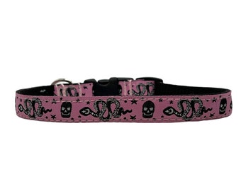 5/8 or 3/4 Inch Wide Dog Collar with Adjustable Buckle or Martingale in Snakes and Skulls