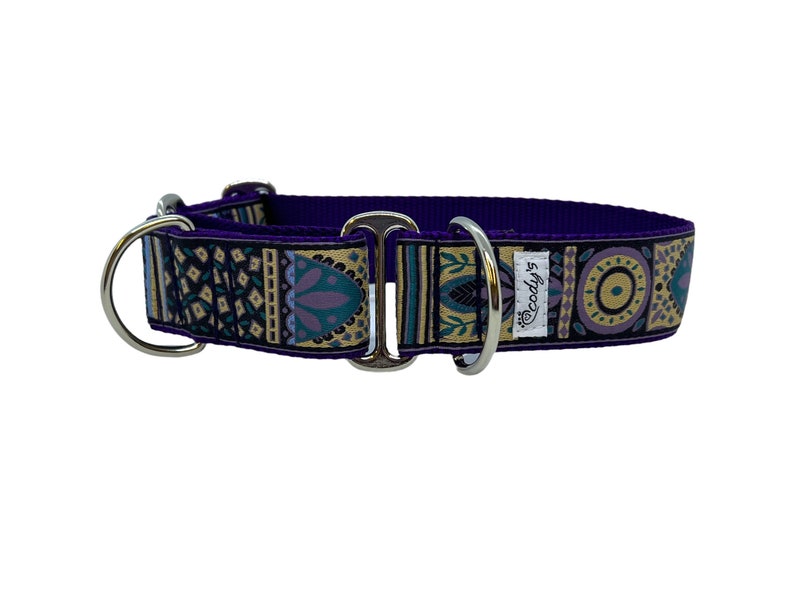 Wide 1 1/2 inch Adjustable Buckle or Martingale Dog Collar in Purple Bits image 3