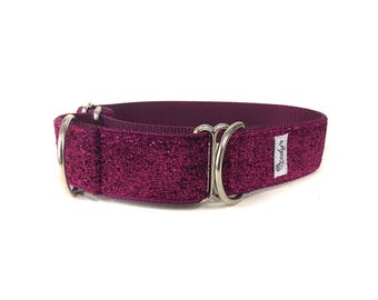 Wide 1 1/2 inch Adjustable Buckle or Martingale Dog Collar in Raspberry Sparkle Glitter