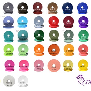 May include: A chart of 42 different colored circles, each with a name underneath. The colors include black, gray, brown, chestnut, light brown, navy, royal blue, electric blue, lagoon, periwinkle, blueberry, pastel blue, red, wine, purple, amethyst, lavender, teal, dusty turquoise, hunter, olive, sage, grass green, neon green, seafoam, apple green, mint, neon orange, burnt orange, sherbet, coral, pastel peach, magenta, raspberry, neon pink, pastel pink, rose gold, metallic gold, gold, neon yellow, pastel yellow, arctic wolf, and white.