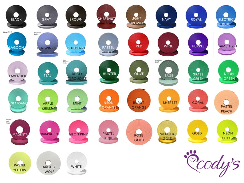 May include: A chart of 42 different colored circles, each with a name underneath. The colors include black, gray, brown, chestnut, light brown, navy, royal blue, electric blue, lagoon, periwinkle, blueberry, pastel blue, red, wine, purple, amethyst, lavender, teal, dusty turquoise, hunter, olive, sage, grass green, neon green, seafoam, apple green, mint, neon orange, burnt orange, sherbet, coral, pastel peach, magenta, raspberry, neon pink, pastel pink, rose gold, metallic gold, gold, neon yellow, pastel yellow, arctic wolf, and white.