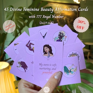 Tarjetas de Afirmaciones de Belleza Femenina Divina, Tarjetas Imprimibles de Afirmaciones para el Amor Propio, la Luz Interior y la Confianza, Tarjetas con Números Angelicales