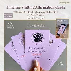 May include: A stack of light purple affirmation cards with the text "Timeline Shifting Affirmation Cards". The cards feature a black silhouette of a woman and the text "I am aligned with the timeline where my highest self thrives."