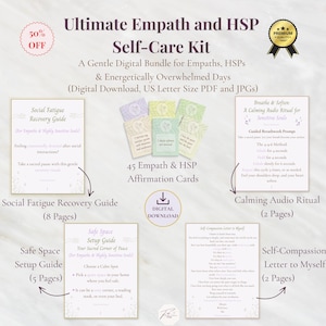Puede incluir: Kit digital de autocuidado para personas empáticas y altamente sensibles. Incluye una guía de recuperación de la fatiga social, una guía de configuración de espacio seguro, 45 tarjetas de afirmación, un ritual de audio calmante y una carta de autocompasión.