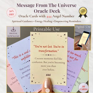 Cartas del Oráculo con Mensajes del Universo, Baraja de Oráculo Imprimible y Digital, Número Angelical 444, Guía Espiritual