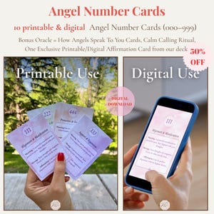 Cartes de nombres angéliques imprimables, cartes numériques de nombres angéliques, intuition, nombres angéliques Oracle Deck, guidance spirituelle, cartes d'affirmation imprimables