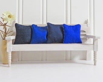 Blue silk dollhouse pillows w/gingham backs, Set of 4 miniature pillows