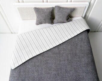 Dollhouse Bedding 3 piece set 1/12th scale, Grey with Ticking Stripe Reversible Bedspread
