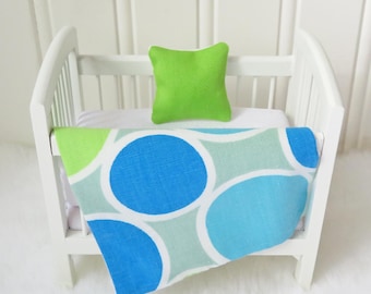 Blue & Green Polka Dot Dollhouse Crib Bedding, Miniature Nursery Items