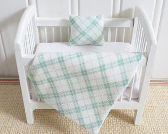 Dollhouse Crib Bedding in a mint green diagonal pattern,  Miniature blanket & pillow