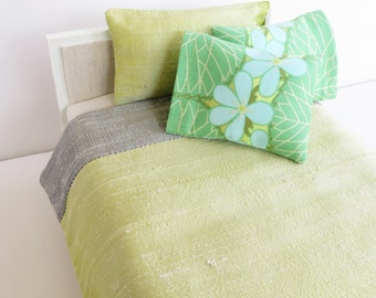 Silk Dollhouse bedding set 1/12th scale, Chartreuse and grey silk bedspread