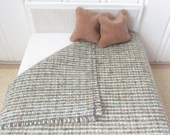 Taupe & Sage Green Tweed Dollhouse Bedding Set, 1:12 Scale, Masculine Bedroom (3 Piece)