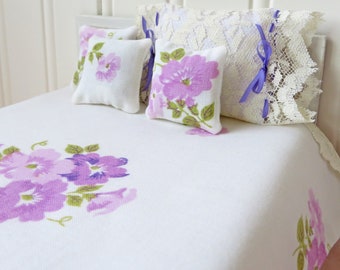 White & Purple Floral Dollhouse Bedding, 1/12th scale miniature bedding