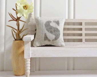 Initial S Pillow for Dollhouse Decor, Rustic & Primitive farmhouse miniature pillow