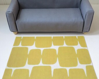 Dollhouse area rug in dark yellow mid century modern design, Miniature retro MCM carpet