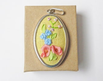 Flower necklace, Gardener's gift, Embroidered pendant, Floral jewelry