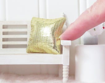Dollhouse pillow in gold metallic fabric, Miniature accent cushion