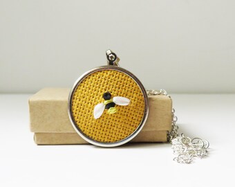 Honeybee necklace, small round bee pendant, embroidered jewelry, bee necklace, bumblebee necklace, silk ribbon embroidery