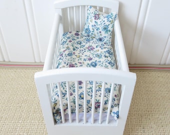 Dollhouse Crib Bedding: Blue & Purple Floral Miniature Set, 1/12 Scale