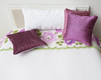 Dollhouse Bedding with Purple Floral Border, 1/12th scale miniature bedding