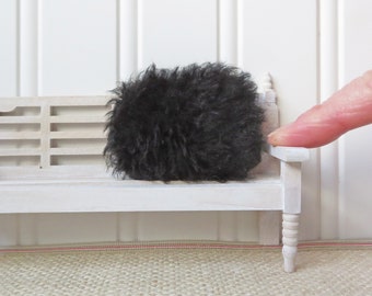 Black faux fur dollhouse accent pillow, fuzzy miniature cushion, 1:12 scale dollhouse accessory