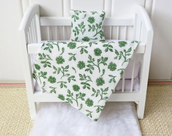 Dollhouse Crib Bedding: Green Floral Miniature Blanket & Pillow, 1/12 Scale