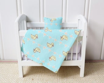 Dollhouse Crib Bedding, Miniature Ducks Blanket & Pillow