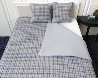 Dollhouse Bedding Set, Grey Mini Plaid Bedspread & Pillows