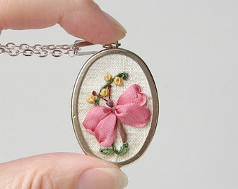 Pink butterfly necklace, Silk ribbon embroidery jewelry, Oval pendant, Embroidered insect necklace, Lepidoptera jewelry