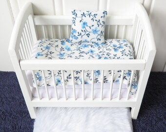 Blue & White Floral Dollhouse Crib Bedding, Dollhouse Nursery Items, 1/12th scale miniature bedding