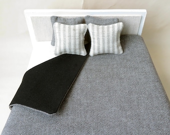 Dollhouse bedding 5 piece set 1/12th scale, Grey and Black Bedspread