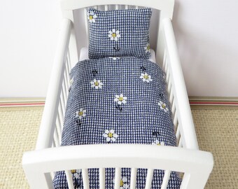 Dollhouse Crib Bedding: Daisies on Navy, 1/12 Scale Miniature