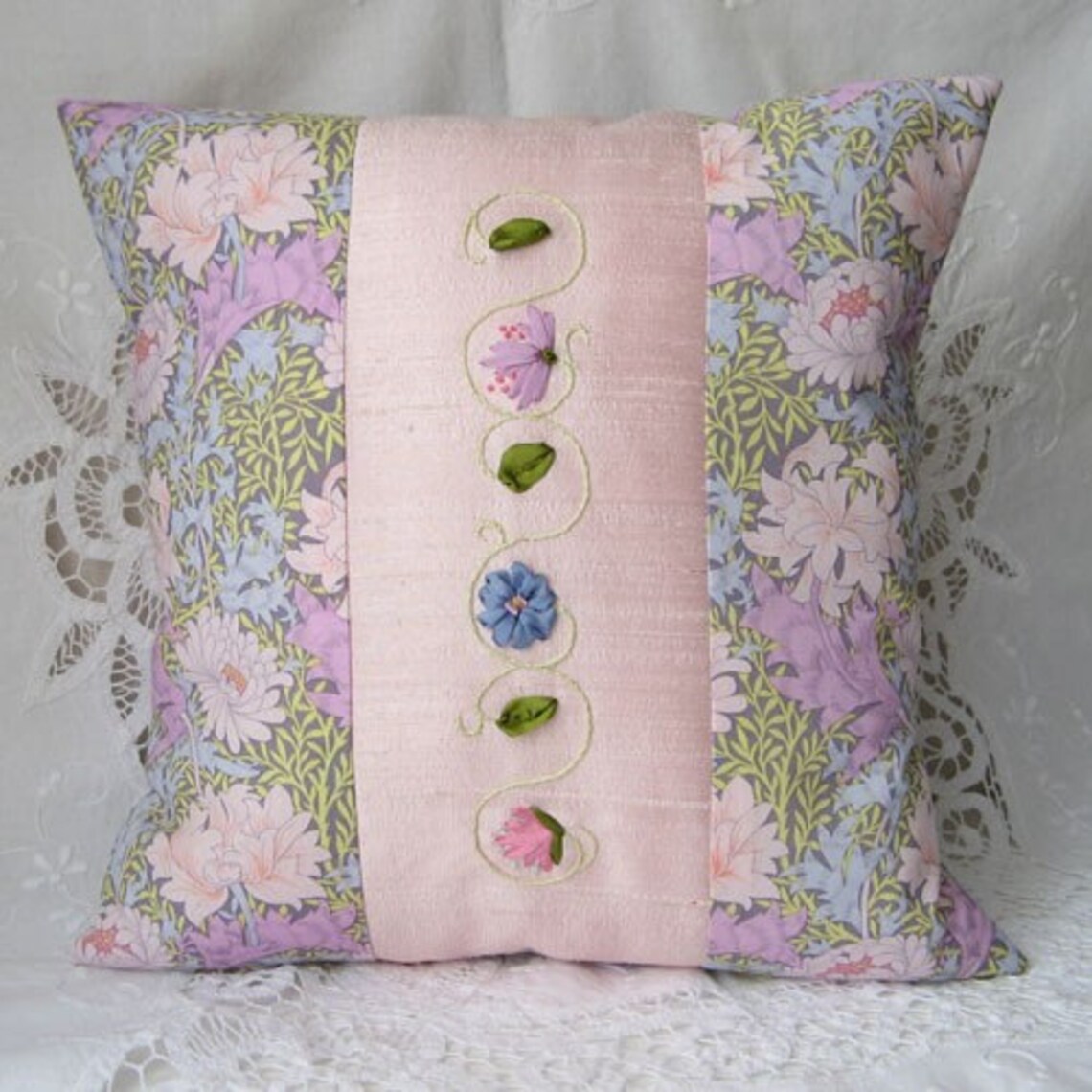 Pink Floral Pillow Embroidered Pillow Silk Ribbon Etsy