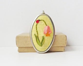 Ladybug on flower necklace, Gardener's gift, Embroidered pendant, Floral jewelry