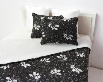 Black & White Mini Floral Dollhouse Bedding Set