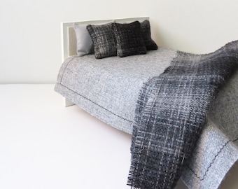 Dollhouse bedding 7 piece set 1/12th scale, grey bedspread, black and grey plaid pillows and bed throw