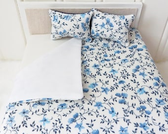 Dollhouse bedding set in a blue mini floral, 3 Piece Miniature bedroom decor