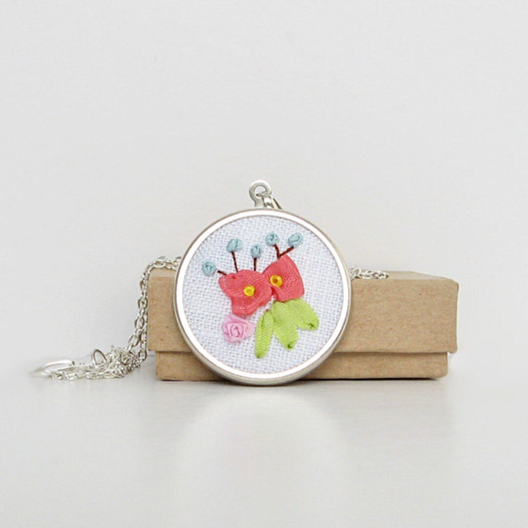 Embroidered Flower Necklace, Pastel Flower Jewelry, Embroidered Silk