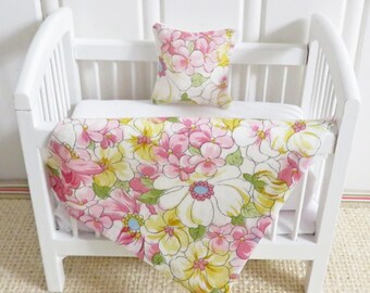 Dollhouse Miniature Floral Crib Bedding in Pink & Yellow, Mini Nursery Decor, Maileg Mouse