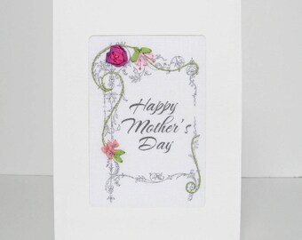 Mother's Day card, embroidered purple rose greeting card, silk ribbon card, handmade card, ribbon embroidery card