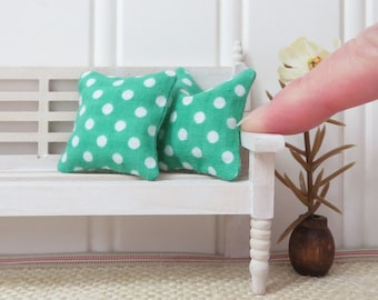 Dollhouse Pillows with white polka dots on green, Set of 2 miniature cushions