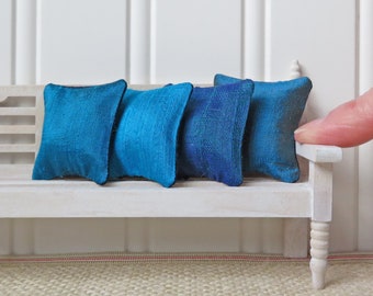 Blue silk dollhouse pillows Set #3, Set of 4 miniature pillows in silk and cotton