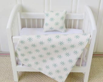 Dollhouse Miniature Crib Bedding: 1/12th Scale Mint Green Dotted Blanket & Pillow