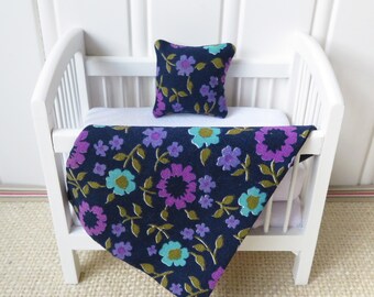 Navy Floral Crib Bedding, Dollhouse Nursery Items, 1/12th scale miniature bedding